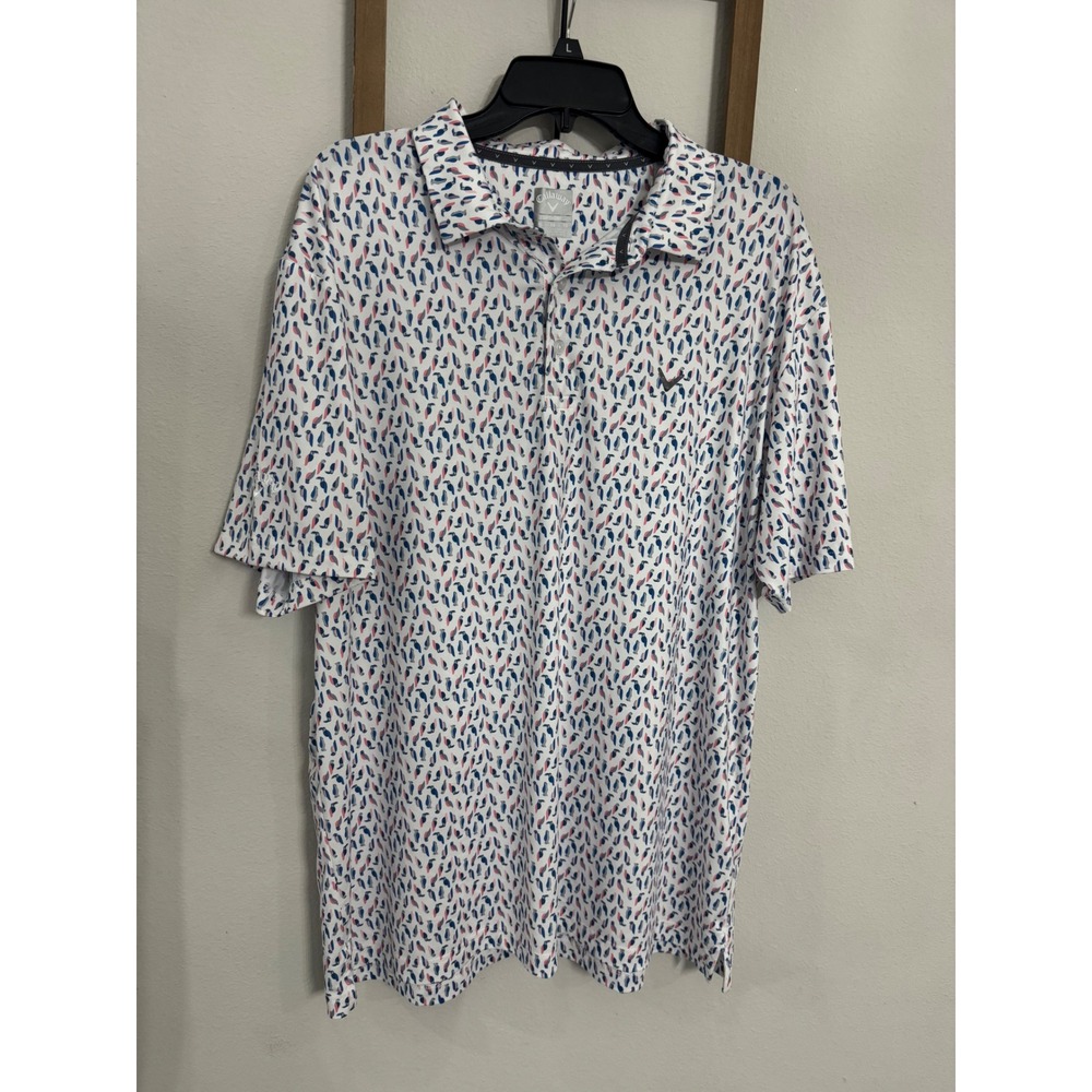 Callaway Opti-Dri Mens XL Toucan Bird Print Golf Polo Shirt White CGKSF0M1